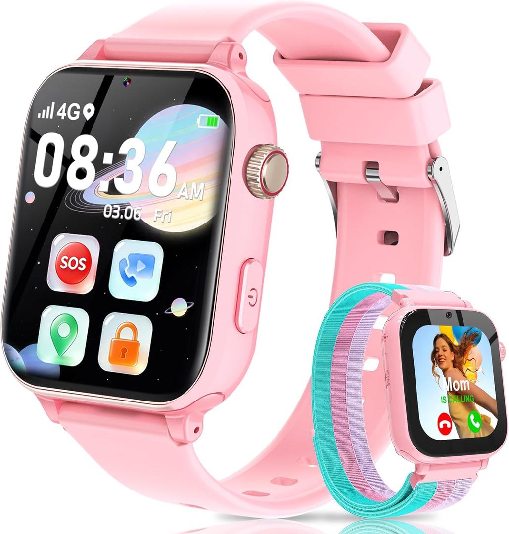 4G Kids Smart Watch with GPS Tracker, Video Call & Texting, Smart Watch for Kids with SIM Card, SOS, School Mode, HD Camera, Pedometer, Kid Watch Gift for Boys Girls Age 4-12, Pink