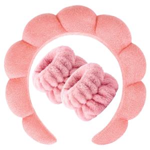 Zkptops Spa Headband for Washing Face Wristband Set Sponge Makeup Skincare Terry Cloth Bubble Soft Get Ready Hairband for Women Girl Puffy Padded Headwear Non Slip Thick Hair Accessory(Orange Pink)