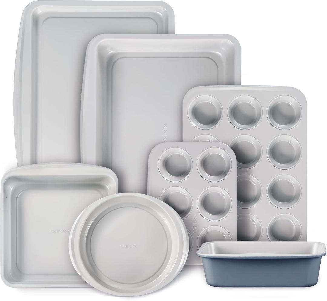 CAROTE 7-Piece Nonstick Stackable Baking Pans Set - Bakeware Sets Including Cookie Sheets for Baking, Muffin Pan, Bread Pan, Cake pan, Loaf Pan, Roasting Pan, Gray & Blue