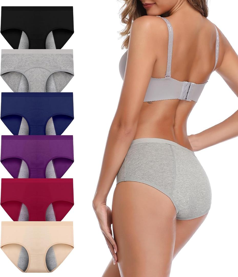 Period Underwear for Women Menstrual Panties Cotton Postpartum Easy Clean Teens Brief (Large, Dark-6pack)