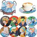 Whimsical Cat Masterpieces Diamond Art Painting Coasters Kits for Adult, 8Pcs DIY Crafts Non Slip Coaster Pads with Holder, Featuring Famous Art with Cats, Vibrant Resin Gems, Heat Resistant Drink Mat