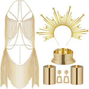 Sureio African Vintage Jewelry and Gold Full Body Chain Set for Women, Indian Belly Chain Dress, Egypt Choker Bracelet Earrings Mary Crown Headpiece for Maternity Shoot Halloween Cosplay Costume