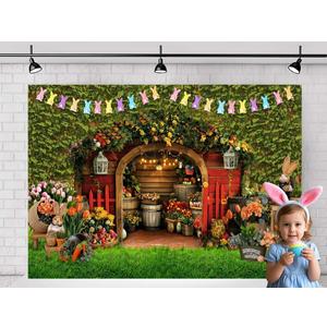 7X5ft Easter Backdrops for Photography Green Easter Background Rabbit Egg Wooden House Photo Booth Props for Home Party Decorations Photoshoot Props (H0102)