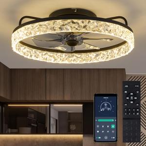 zouzai 20" Smart Ceiling Fan with Light – Flush Mount, Remote & APP Control, Low Profile, Dimmable LED – Classic Crystal Design in Black
