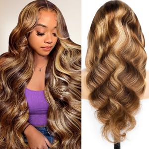 Ombre Highlight Lace Front Wigs Human Hair Pre Cut 5X5 Glueless #4/27 Honey Blonde Body Wave Wigs for Women Pre Plucked with Baby Hair Lace Closure Wig with Drawstring 200% Density 28 Inch