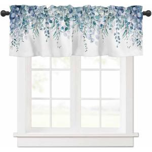 Curtain Valance for Windows Blue Eucalyptus Rod Pocket Valance Window Treatments 1 Panel Watercolor Leaves Short Curtains for Kitchen Windows Bathroom Bedroom 42x12in