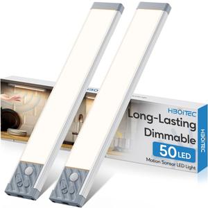 HIBOITEC Under Cabinet Lighting Rechargeable 50 LED Closet Lights Battery Operated Dimmable Motion Sensor Light Indoor, Wireless Light for Kitchen, Wardrobe, Drawer, 2 Pack, Warm White Light, 10 inch (Short)