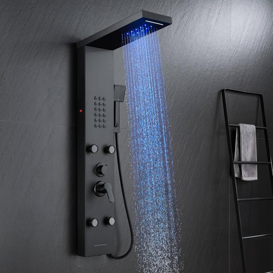 ROVATE 5 in 1 LED Rainfall Waterfall Shower Panel, Matte Black