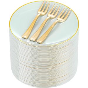 Festiva 200Pcs Pale Sage Green Gold Cake Plates 6.3" with Plastic Forks 5"- Disposable Salad Plates-Green Dessert Plates-Appetizer Plastic Plates - include 100Plates 100Forks for Party&Wedding&Easter