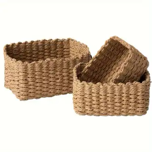 paper rope storage baskets organizing container bins shelves- 3Pcs