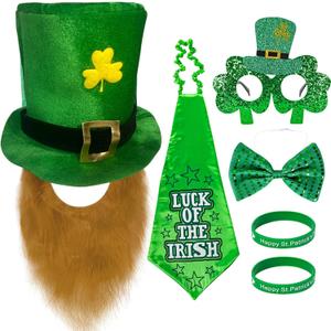 St. Patrick's Day Party Accessory Set, Hat, Beard, Bow Tie, Tie, Bracelet and Glasses, Leprechaun Costume for Parties, Celebrations