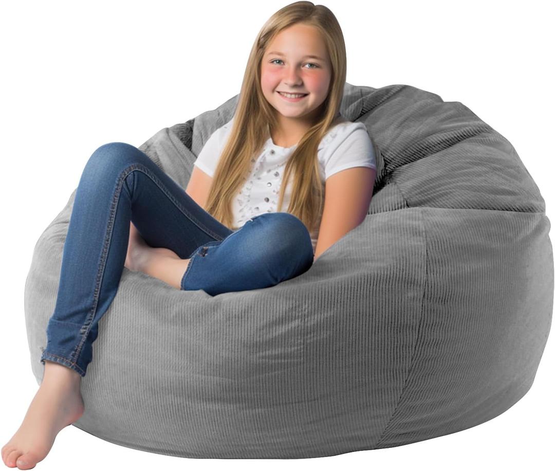 Premium Corduroy Stuffed Animal Storage Bean Bag Chair Cover (No Filler) For Organizing Plush Toys Or Textile Stuffable Bean Bag Sack For Adults Lazy Chair Playroom Washable Cover, Grey, X-Large