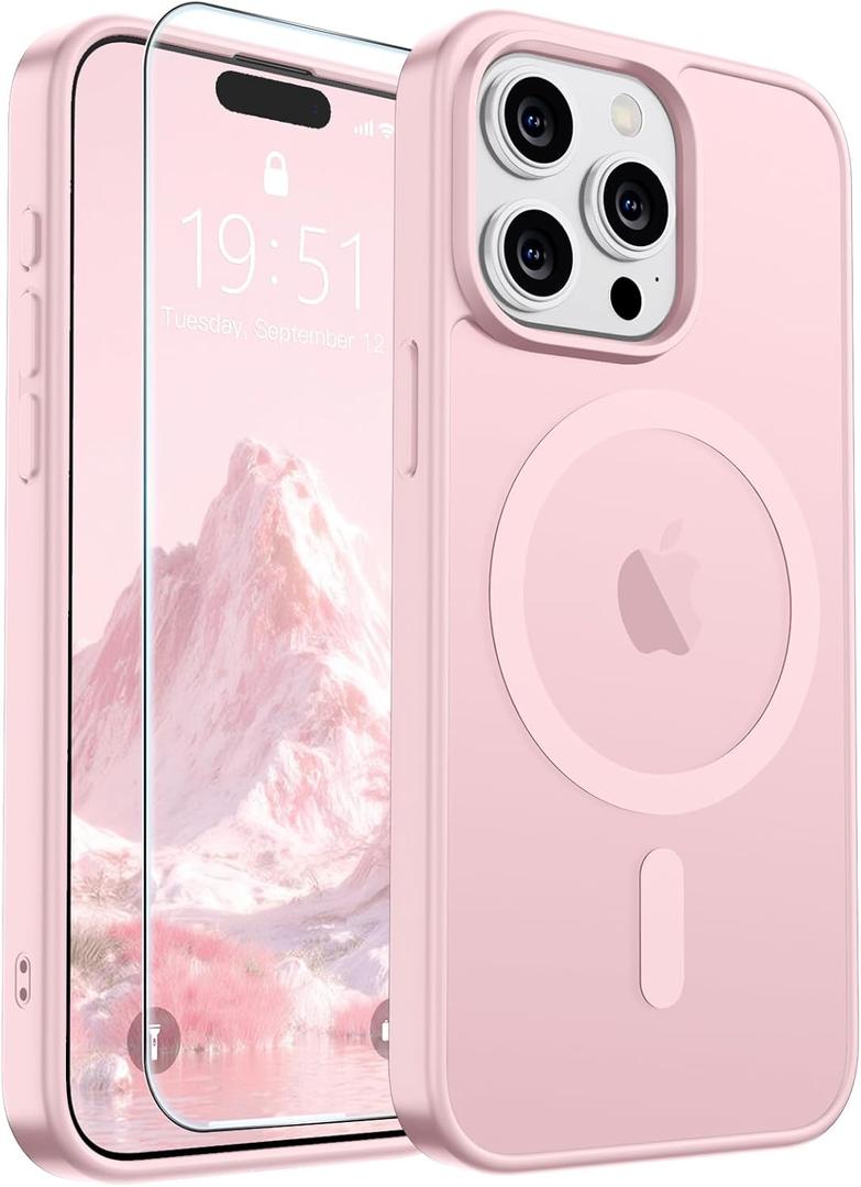 SUPFINE Magnetic for iPhone 15 Pro Case with Screen Protector (Compatible with MagSafe) (Military Grade Drop Protection) Translucent Matte Shockproof Phone Cover,Light Pink