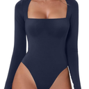 QINSEN Women's Sexy Square Neck Bodysuit Long Sleeve Double Lined Shirt Tops Size M