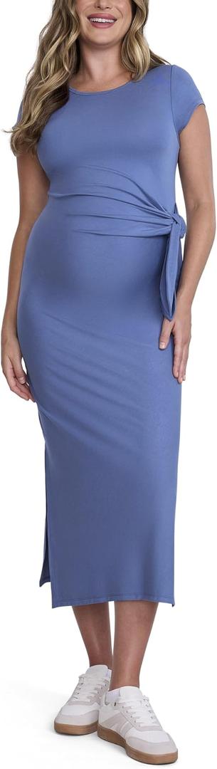 Motherhood Maternity Women's Short Sleeve Crew Neck Side Tie Detail Midi Casual Pregnancy Dress (Medium, Thyme)