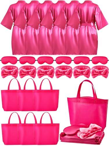 Sintuff 24 Pcs Sleepover Party Supplies for Girls 6 Spa Robes for Girls Slumber Party 6 Tote Bags 6 Headbands 6 Spa Masks(Size 14,Rose Red)