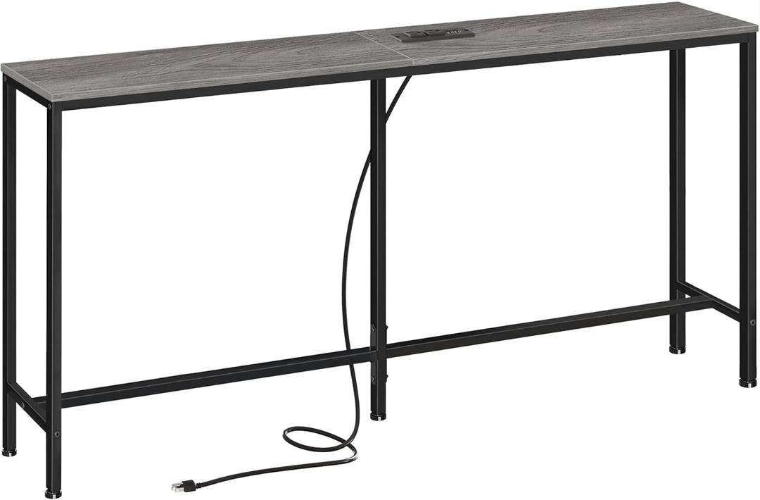 SUPERJARE Console Table with Outlet, 63 Inch Sofa Table with Charging Station, Narrow Hallway Entryway Table, Behind Couch Table Skinny for Entryway, Living Room, Plants, Charcoal Gray (7.9"D x 63"W x 31.5"H)