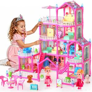Pupu Pig Doll House Toys for Girls, Dollhouse with Glow in the Dark, Kids Doll House Playset with 4-Story 14 Play Areas, 2 Dolls, Toy Dogs, Dollhouse Accessories and Furniture, Princess Toy Gifts