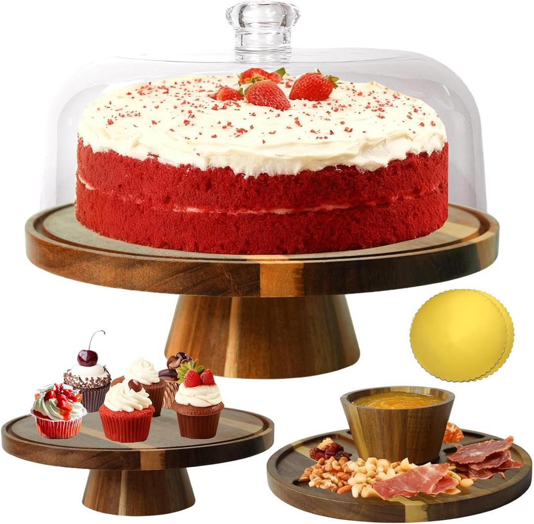 Acacia Wood Cake Stand with Lid, Multi-Functional Cake Display Stand, Flips to Charcuterie Board & Chips Dip Tray, Ideal for Weddings, Parties, Daily Entertaining & Kitchen Decor