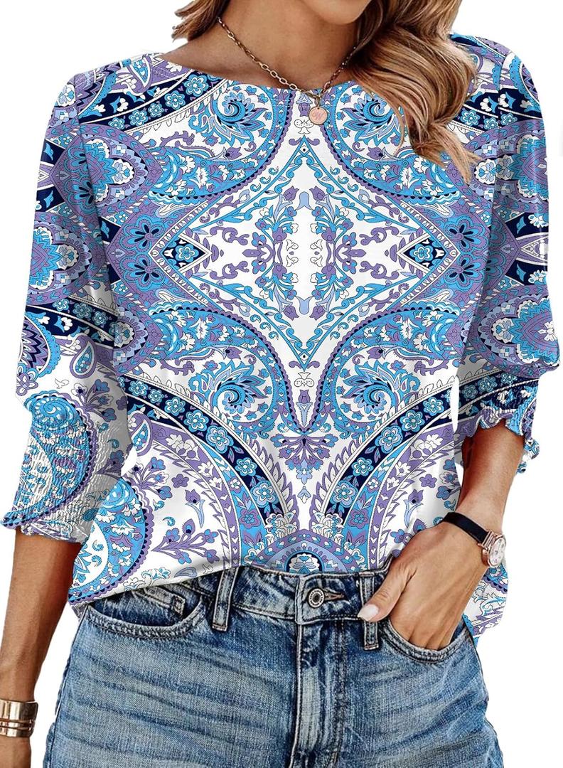 IECCP 3/4 Length Sleeve Womens Tops Summer 2026 Fashion Trendy Boat Crew Neck Smocked Work Dressy Casual T Shirt Blouses (X-Large, Boho Blue)