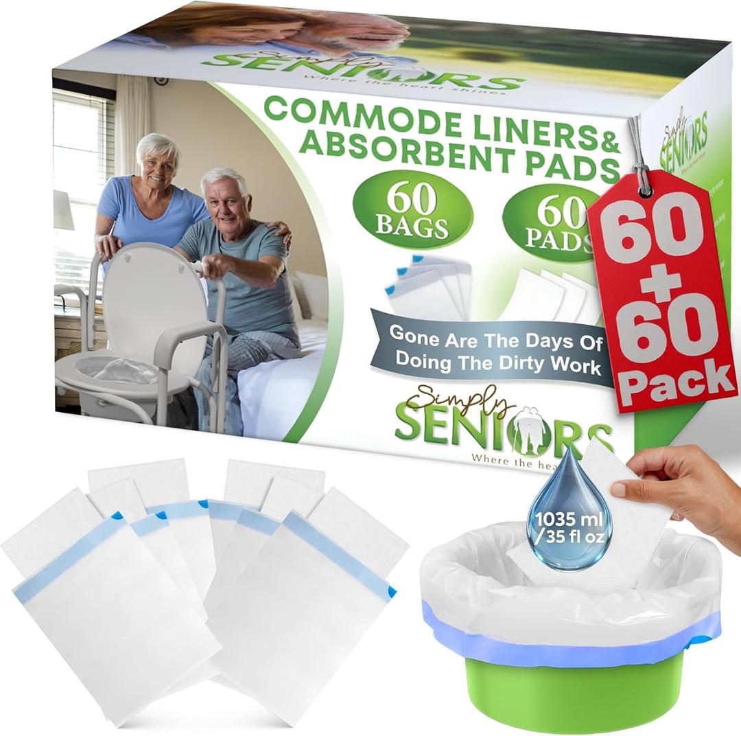 Commode Liners with Absorbent Pads - 60 Bedside Commode Liners & Pads - Portable Toilet Bags for Porta Potty & Camping - No More Days Washing The Bucket of The Commode Chair for Toilet with Arms