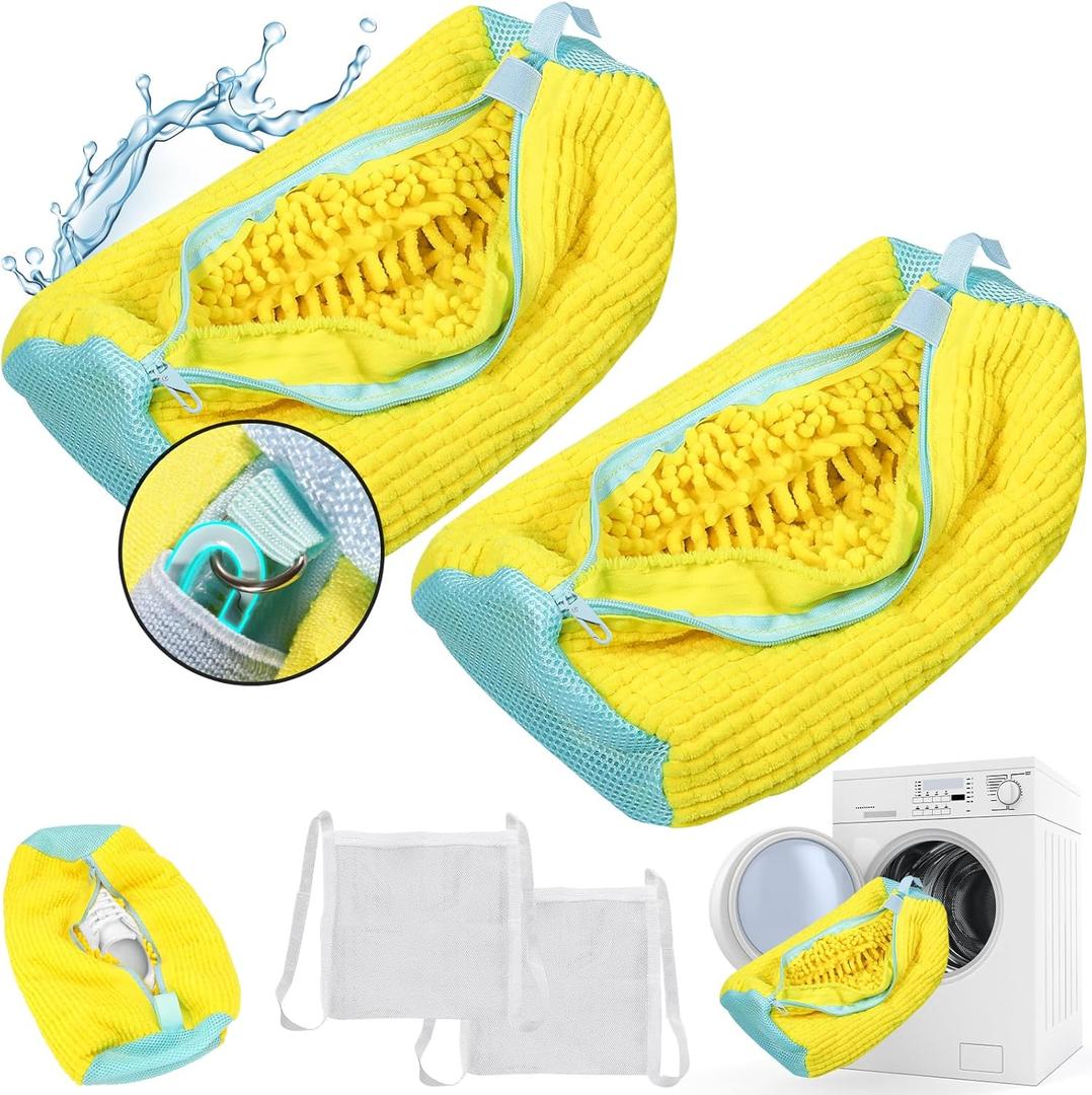 2 Pcs Shoe Washing Machine Bags, XXL Laundry Shoe Bags for Washer and Dryer, Sturdy Zipper with Hook Design, Dry Net Bag Included, Reusable Shoe Washing Bag for Sneaker, Tennis, Yellow 2 Packs