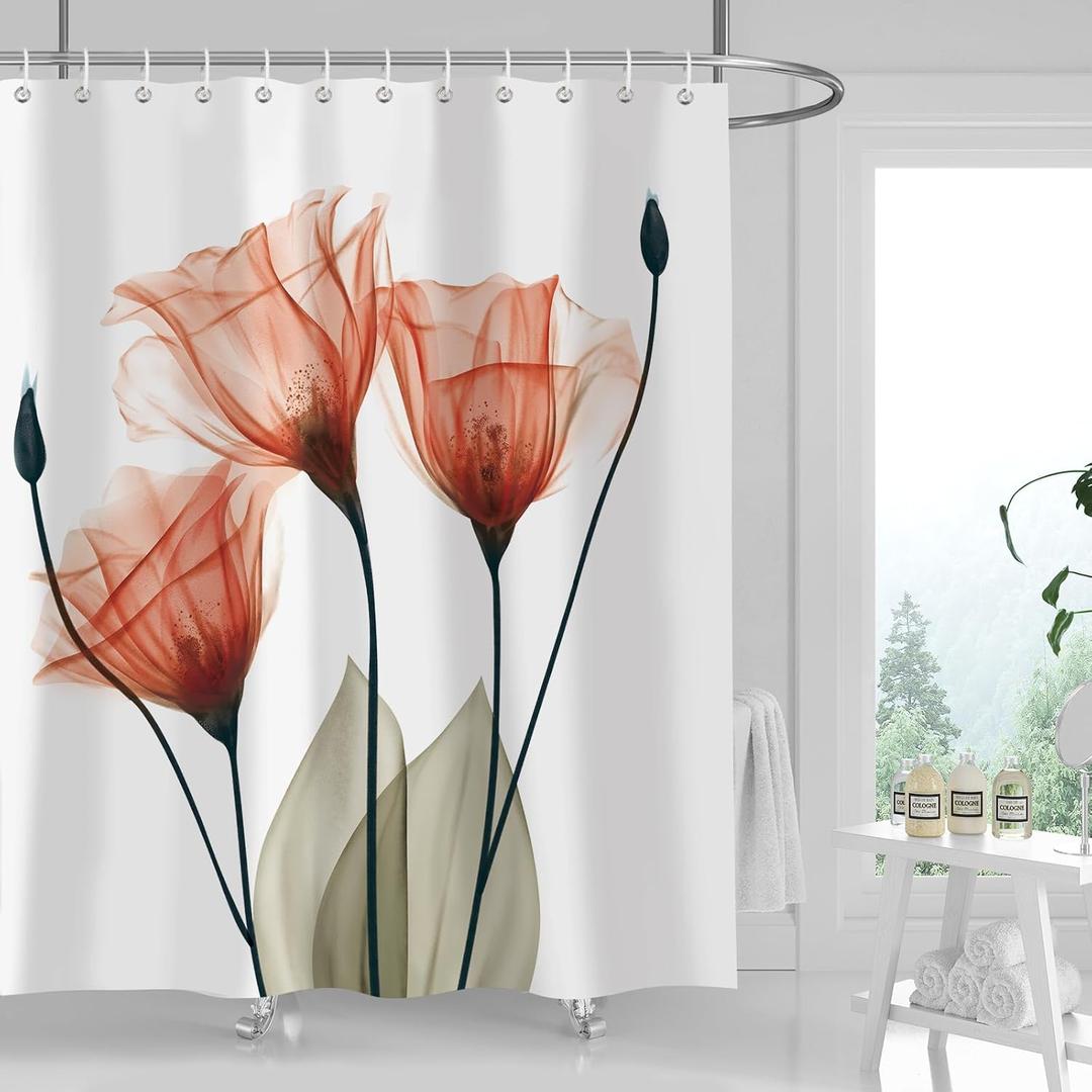 Orange Floral Shower Curtain Watercolor Tulip Flower Shower Curtains for Bathroom Waterproof Polyester Fabric Bathroom Curtain 72 x 72 Inch with 12 Hooks