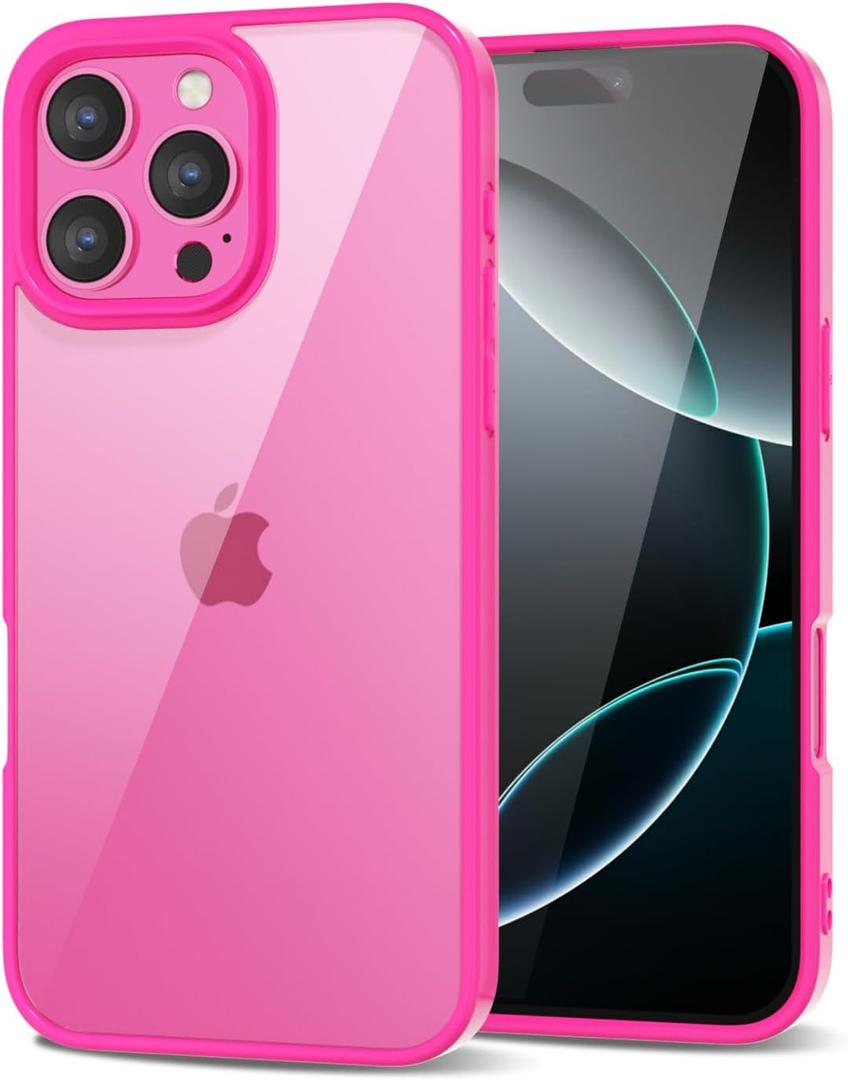 for iPhone 16 Pro Case Clear, Transparent Hybrid 16 Pro Phone Case [Hard Plastic & Soft Silicone Bumper] Acrylic Non Yellowing Thin Slim Protective Cover for Women, Neon Hot Pink