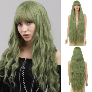 Long Wavy Wig with Bangs for Women,Wig Long Bangs Wig,Natural Looking Synthetic Heat Resistant Hair (Green13, 40inch)