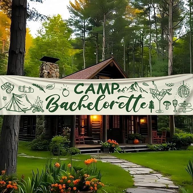 JarThenaAMCS Camping Bachelorette Party Decorations Camp Bachelorette Banner Green Camping Hanging Banner Sign for Bridal Shower Wedding Party Decoration