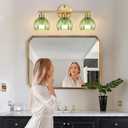 Bathroom Light Fixtures,3 Light Bathroom Vanity Light Over Mirror,Gold Wall Vanity Lights with Green Glass Shade for Bedroom Living Room Farmhouse (11-wall lamp)