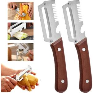 2 x 2PCS Multifunctional Vegetable Peeler, 3-in-1 Stainless Steel Vegetable Peeler with Wooden Handle and Bottle Opener, New Kitchen Gadgets for Fruit Veggie Potato Pumpkin Apple Carrot