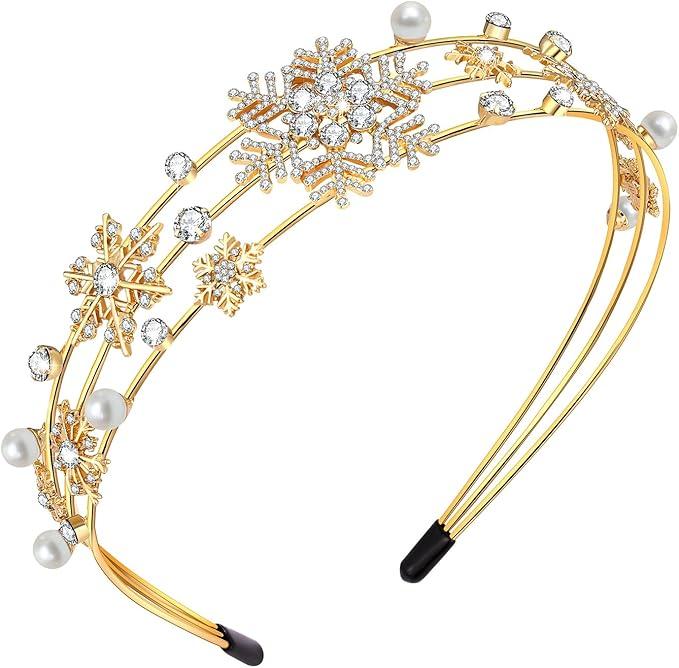 Christmas New Year Headband Mardi Gras Hairbands for Women Festive Holiday Parade Hair Hoop (Snowflake/Gold)