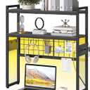 HOOBRO Desktop Bookcase, 2-Tier Office Desktop Organizer, 29.9" Wooden Storage Rack with Outlets, Display Shelf Rack with Light Strip, Desk Hutch for Office, Black BB11UDSJ01