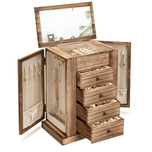 Emfogo Jewelry Box for Women, 5 Layer Large Wood Boxes & Organizers for Necklaces Earrings Rings Bracelets, Rustic Organizer with Drawers and Mirror(Carbonized Black)