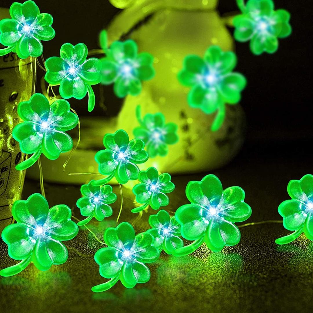 TURNMEON St. Patrick's Day Decorations Shamrocks Lights St Patricks Day Lights with Timer 10 Ft 40 LED Battery Operated Copper Wire Fairy Light St Patricks Decor for Indoor Bedroom Home Outdoor