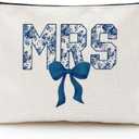 MRS Makeup Bag Blue and White Canvas Cosmetic Pouch  Bride Gift for Wedding, Engagement, Honeymoon, Bridal Shower, Travel Toiletry Bag
