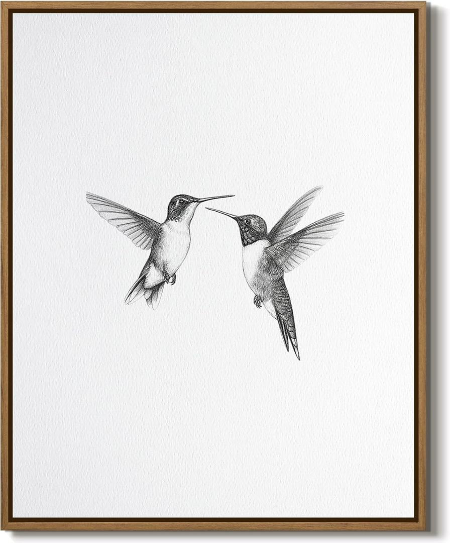 Vintage Birds Canvas Wall Art Two Hummingbirds Sketch Painting Prints Black Gray Animals Wall Decor Minimalist Poster Framed for Bird Lovers Bedroom Living Room Farmhouse Decoration Gifts, 8x10 Inch