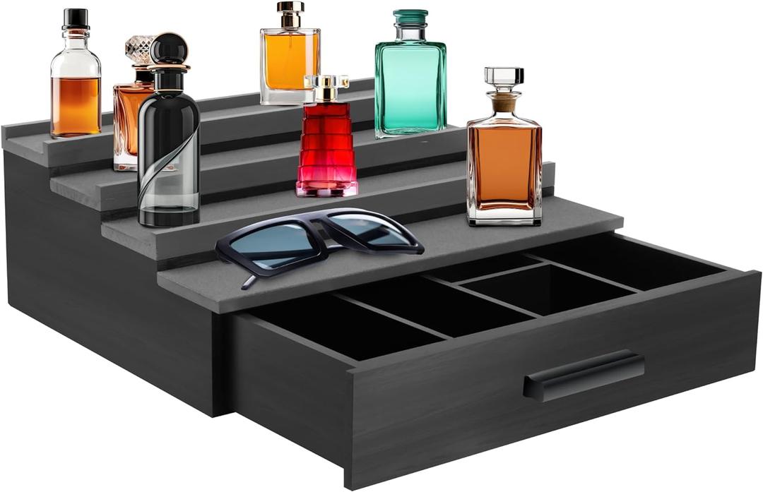 Cologne Organizer for Men4 Tier Wood Perfume Display Stand with Velvet Lining Drawer and Hidden Compartment Perfume Organizer for MenGreat Gift for Man (Black)
