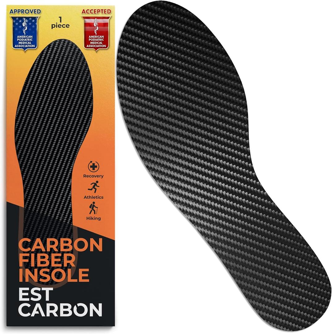 EstCarbon - Carbon Fiber Insole - 1 pc, Men 9.5, Women 10-10.5 - Unisex Orthotic Shoe Insert - Stiff Foot Plate - Turf Toe, Hallux Rigidus, Flat Feet, Plantar Fasciitis, Mortons Extension