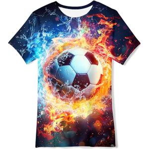 3D Graphic Short Sleeve Shirts Boys Girls Cool T-Shirt Unisex Novelty Tees for 7-12 Years Teens (13-14 Years, Fire Soccer)