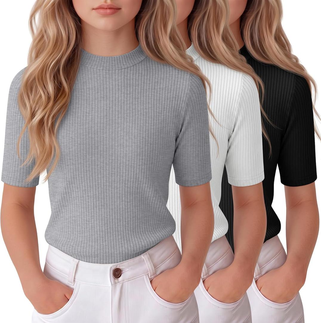 3 Pack Girl's Shirts Half Sleeve Slim Fit Ribbed Tops Kids School Uniform Mock Turtleneck Tees 5-16 Years