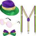 Fumwase 4PCS Mardi Gras Accessories Set for Men Women Sequin Hat Bow Tie Sunglasses Costume Suspenders