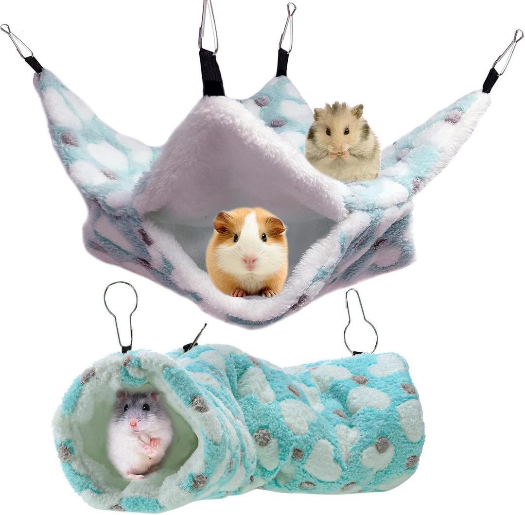 2 Pieces Small Animals Pet Cage Hammock Hanging Tunnel, Guinea Hammock Bed Accessories for Ferret Rat Chincilla (Green)