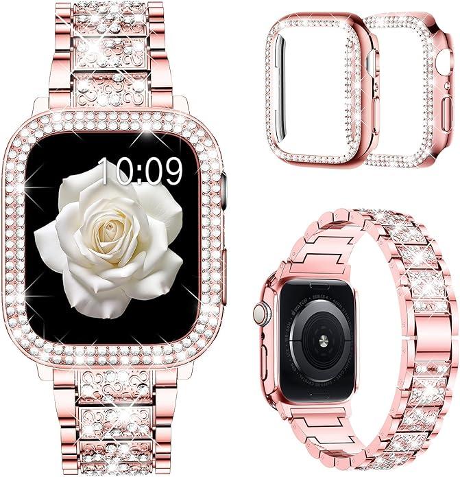 Mosonio Compatible with Apple Watch Band with 2 Pack Case Women, Jewelry Replacement Metal Bands Strap with Bling PC Protective Case for iWatch Ultra SE Series (42mm (Series 11/10)
