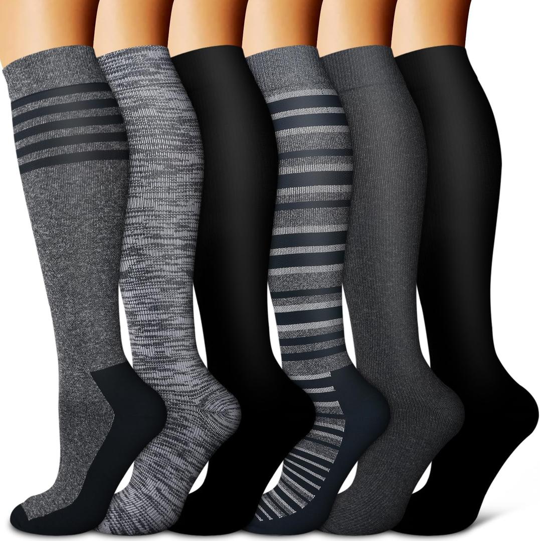 BLUEENJOY Copper Compression Socks for Women & Men (6 pairs) - Best Support for Nurses, Running, Hiking, Recovery (Large-X-Large, 08a Black/Gray)