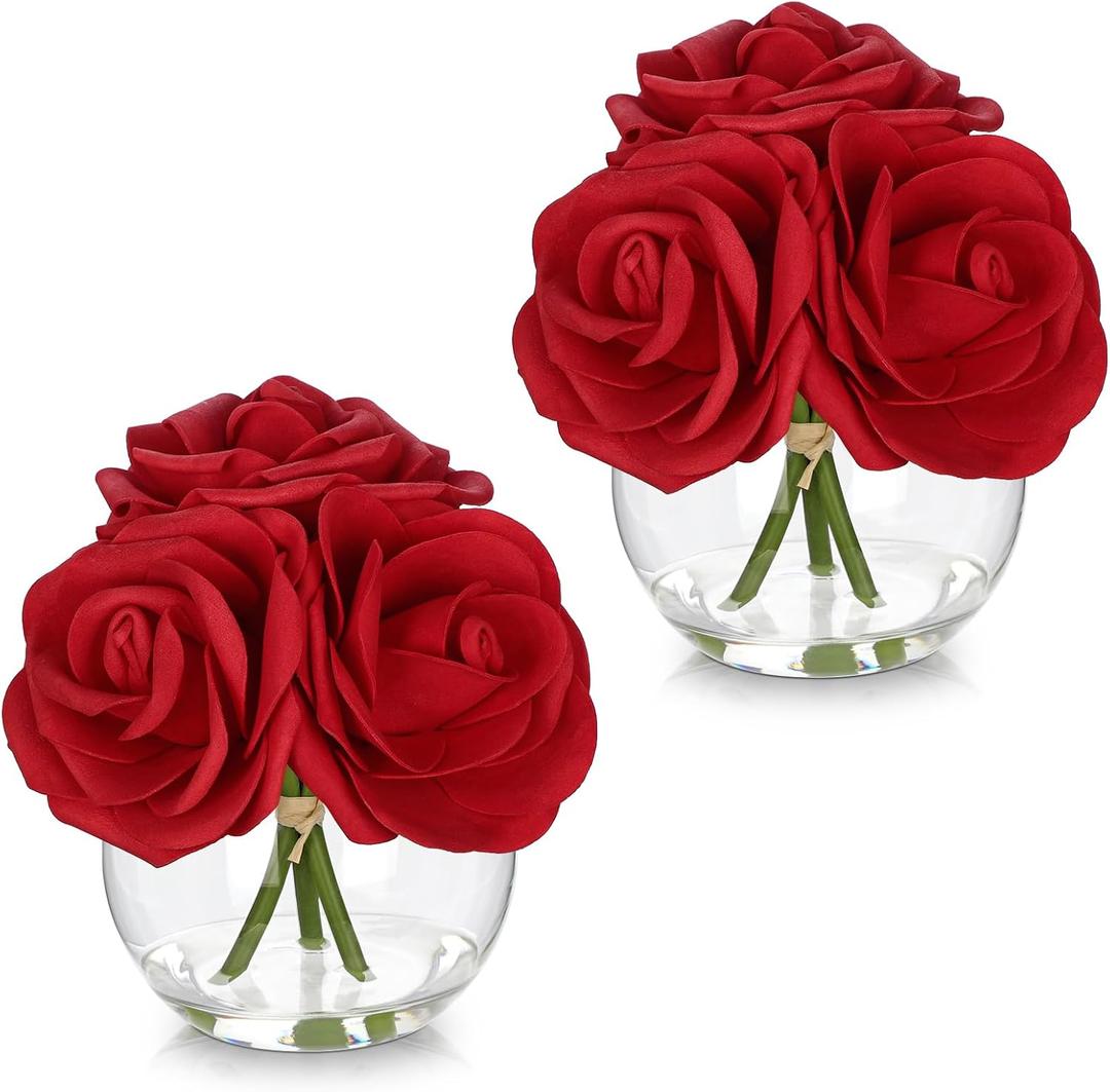 Hollyone 2Pcs Red Roses Artificial Flowers in Vase Small Silk Fake Rose Bouquet Flowers Floral Arrangements with Glass Vase with Faux Water for Home Bathroom Office Table Centerpiece Decorations
