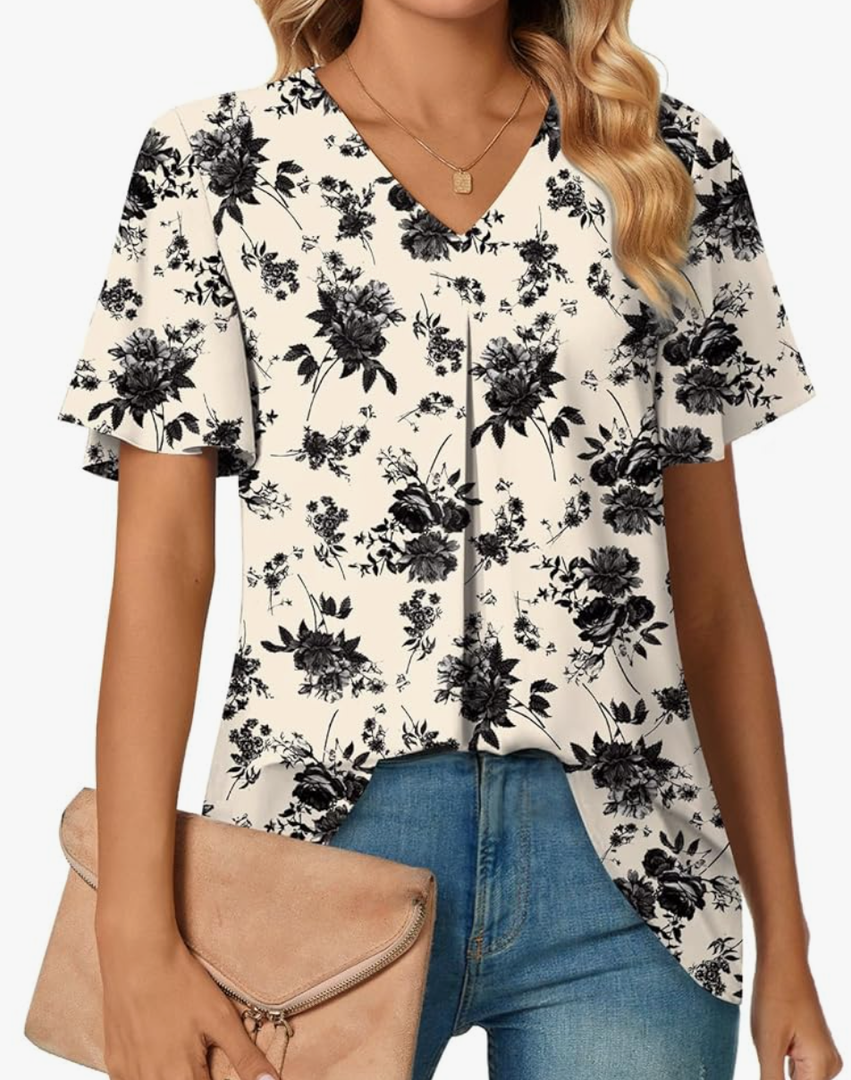 Women's Summer Dressy Chiffon Blouses V Neck Ruffle Short Sleeve Tunic Tops for Leggings Casual T-Shirts