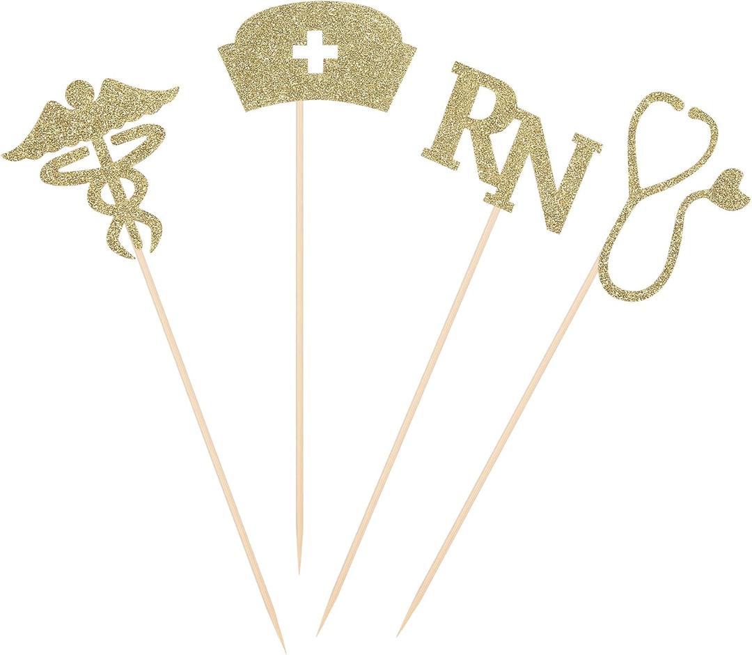 Pack of 8 Glittery Nurse Theme Centerpiece Sticks Table Toppers Medical Student Graduation Party Supply Paper Flower Picks - Gold