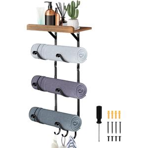 Towel Racks for Bathroom, 4Tier Wall Mounted Towel Holder with 3 Hooks, Metal Rolled Towel Shelf Organizer for Bathroom Black